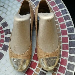 Jimmy Choo cork loafers with gold cap toe